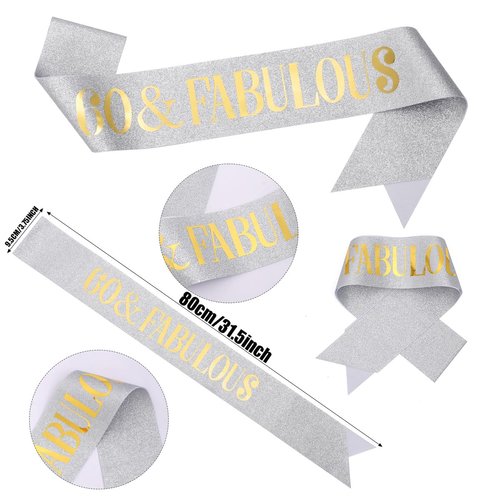 Sliver Gold "60 & Fabulous"Sash & Rhinestone Tiara Set, 60th Birthday Gifts for Women, Birthday Sash/Tiara for Women's 60th Birthday Party Decoration(Sliver 60th)