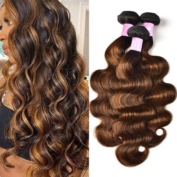 Sunber 12A Ombre Body Wave Human Hair 3 Bundles 100% Brazilian Virgin Human Hair Extensions Brown Highlight Body Wavy Weaves (12 14 16) Inch Piano Color Two Tone FB30 Color
