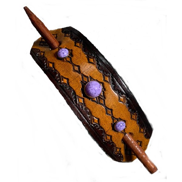 LEATHER HAIR BARRETTE…. CLIPPED CORNER PONYTAIL HOLDER…. HANDTOOLED HAIR CLIP…. PURPLE OR GREEN STONE ACCENT…BT 2320