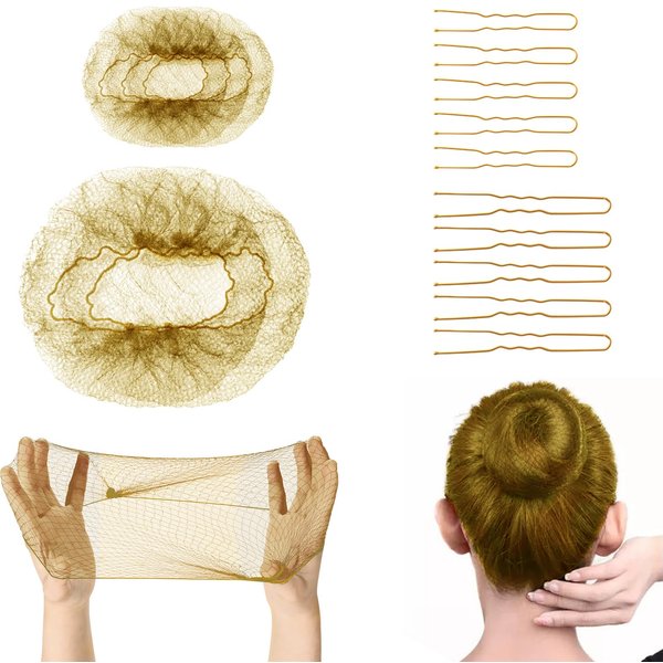 Blonde Hair Nets for Ballet Buns,40Pcs Invisible Hair Nets with 100Pcs U Shaped Hair Pins for Buns Dance Ballet Bun Hair Net Set Elastic Edges Mesh Hairnets Invisible Ballet Hair Net for Women(Gold)