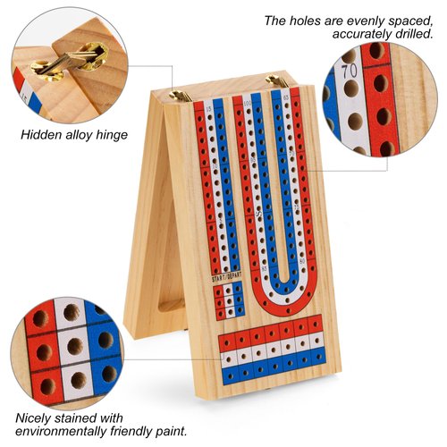 Ceebyfa Foldable Cribbage Board Game Set, Portable Travel Cribbage Board with Storage Area, 9 Metal Pegs, 1 Playing Card and Instruction. Classic Cribbage Game for Family.