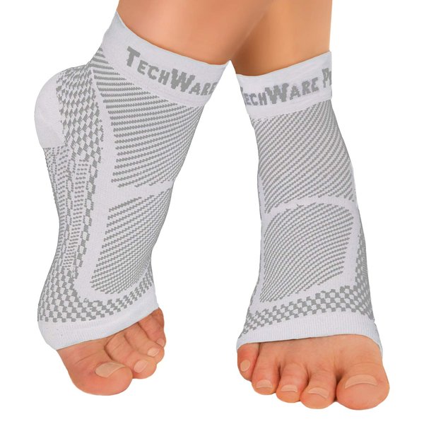 TechWare Pro Ankle Brace Compression Sleeve - Relieves Achilles Tendonitis, Joint Pain. Plantar Fasciitis Foot Sock with Arch Support Reduces Swelling & Heel Spur Pain. (White, L/XL)