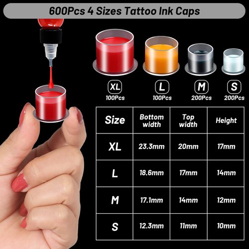 600 Pcs Ink Caps for Tattooing, 4 Sizes Stable Tattoo Ink Cups with Wider Flat Base Spill-Proof Clear Disposable Tattoo Supplies for Holding Tattoo Ink Mixing Eyebrow Pigments (11/14/17/20mm)