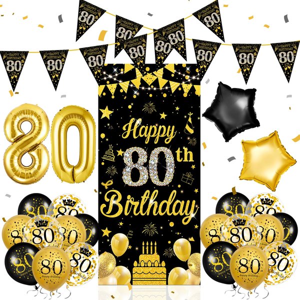 80th Birthday Decorations for Men Women, 23Pcs Black Gold 80th Birthday Party Decor Happy 80th Birthday Door Banner Triangle Flag Number 80 Foil Balloon for Eighty Years Old Birthday Party Supplies