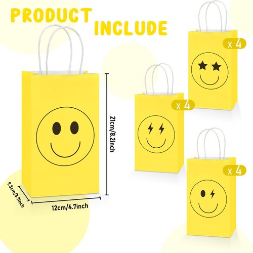 16PCS Smile Face Gift Paper Bags Smile Face Party Supplies Preppy Party Favors Bags Yellow Smile Face Party Goodie Bags Preppy Party Decor Party Decorations for Bachelorette Birthday Baby Shower