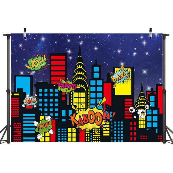 LTDKAEN Superhero City Backdrop City Boom Skyscrapers Photography Decoration for Kids Skyline Night Starlit Banner Children Party Decoration,Blue(7×5FT)