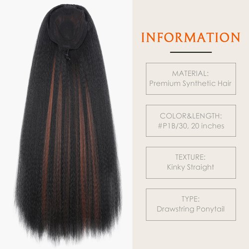 WIGNEE 20 Inches Kinky Straight Ponytail Extension Synthetic Drawstring Ponytail For Black Women Yaki Pony Tails Hair Extensions (20 Inches, 1B/30 Highlights)