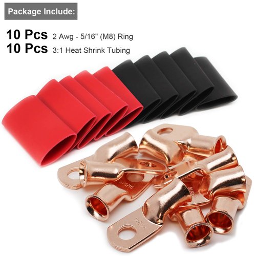 TKDMR 10pcs 2 AWG-5/16" Battery Lugs,Copper Wire Lugs,Heavy Duty Battery Cable Ends,Tubular Ring Terminals,AWG Crimp Wire Ring Lugs,Battery Terminal Connectors with 3:1 Heat Shrink Tubing