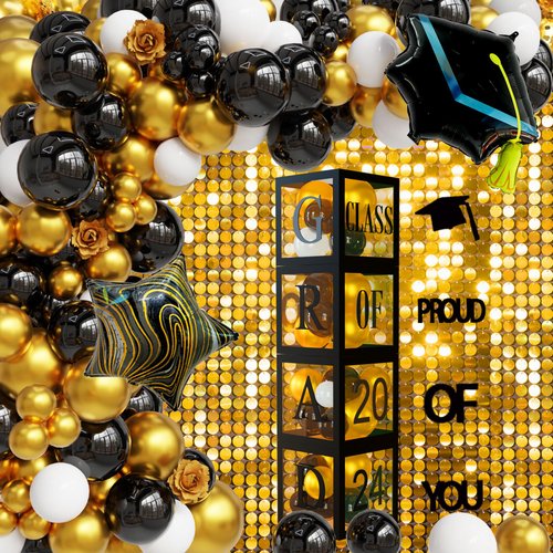 Grad Party Decorations 2024,4 Prom Boxes With Letters 112pcs Black Gold Cap Balloons Arch Garland Decor Pack, Class Of 2024 Party Favors For Kindergarten High School College Grades Graduation Supplies