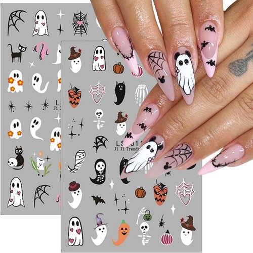 Halloween Nail Art Stickers Cute Ghost Pumpkins 3D Self-Adhesive Nail Decals Bat Skull Spider Web Designs Nail Stickers Halloween Nail Supplies Nail Art Design for Women Girls 6 Sheets