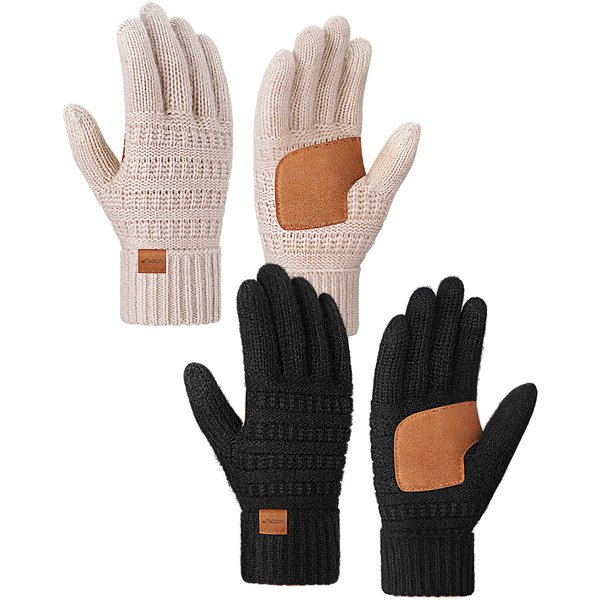UCQKLI Winter Gloves for Women 2 Pairs, Womens Gloves with Touchscreen Fingers Texting Warm Wool Knit, Gloves for Women Alpaca Fleece Anti-Slip Beanie Matching Cold Weather Driving（Black&Oatmeal）