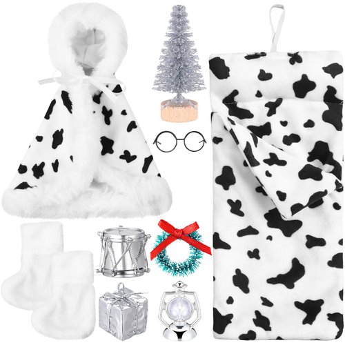 Zhanmai 10 Pcs Christmas Elf Doll Accessories Set Elf Doll Camping Travel Accessories Include Sleeping Bag Cloak Cane Glasses Garland Lantern Drum Xmas Gift Box Christmas Tree (Cow Style)