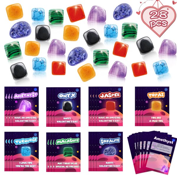 Lionoble Valentines Day Gifts for Kids, 28 Pack Valentines Cards with Rocks Bulk, Ore Minerals Rocks Collection Kit, Valentine Exchange Card for Girls Boys School Class Classroom Party Favors