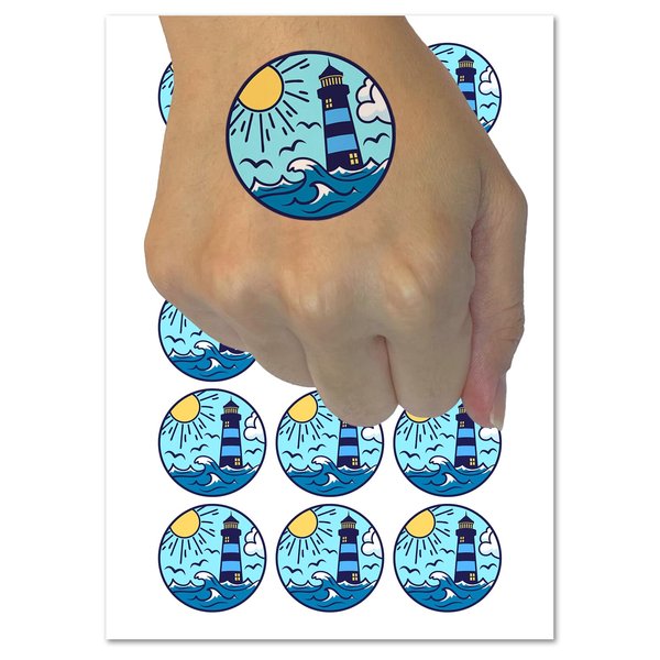 Lighthouse Sea Ocean Waves Temporary Tattoo Water Resistant Fake Body Art Set Collection - 15 2" Tattoos (1 Sheet)
