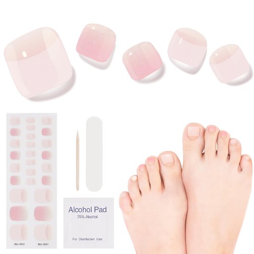 DUKASOU Semi Cured Gel Pedicure Strips, 26pcs Gel Toenail Stickers Full Nail Wraps Decorations Birthday Party Favor Gifts, Includes Prep Pads, Nail File & Wood Stick (Peach Blossoms)