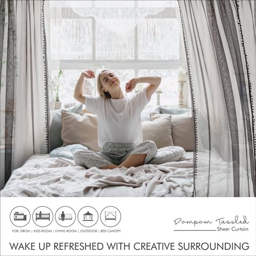 MISS SELECTEX Linen Look Pom Pom Tasseled Sheer Curtains - Rod Pocket Voile Semi-Sheer Curtains for Living and Bedroom, Set of 2 Curtain Panels (52 x 95 inch, Dark Grey)