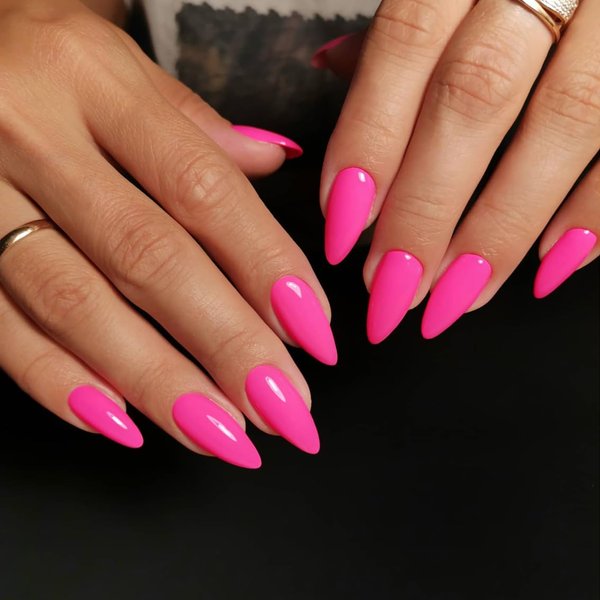 KXAMELIE Hot Pink Press on Nails Medium Length,Gel Glue on Nails Almond Nails Press on,Natural Vibrant Stick on Nails for Women,Reusable Stiletto Nails Acrylic,Short Almond Nails Set in 12 Sizes