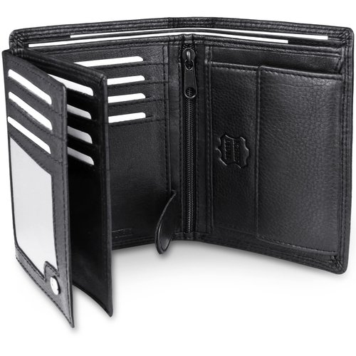 Frentree® Mens Nappa Leather Wallet, 15 card slots Trifold with RFID Protection, portrait format Wallet, Black