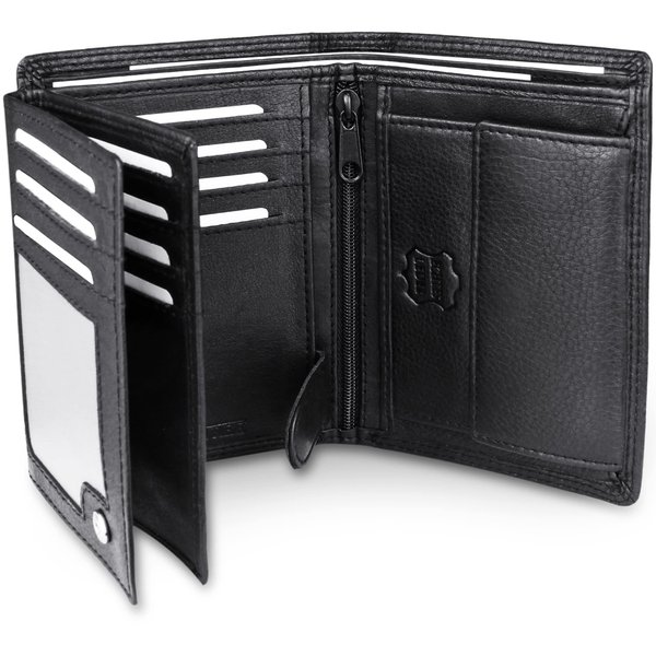 Frentree® Mens Nappa Leather Wallet, 15 card slots Trifold with RFID Protection, portrait format Wallet, Black