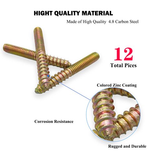 Yoliko 12 Pack 3/8-16 x 3 Inch Hanger Bolts 3/8-16" Double Headed Bolts 3/8 Wood Dowel Screw Self-Tapping Screw Hanger Bolts for Furniture Screws Double Screw Threaded Rods Bolt 75mm Length