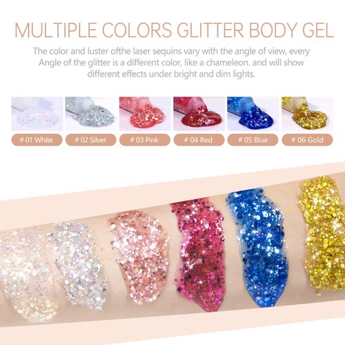 SUMEITANG 6PCS Red Face Body Glitter Gel，Mermaid Holographic Sequins Chunky Glitter Paint for Party Singer Concerts Music Festival Rave Accessories for Girls Women Face Body Hair Sparkling Makeup