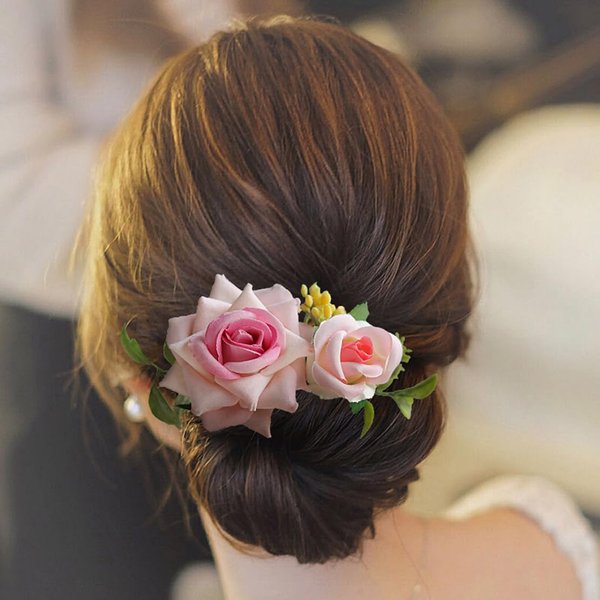 Fangsen Wedding Boho Pink Yellow Rose Flowers Floral Comb With Hair Clip Hair Accessories Floral Hair Headpiece for Brides and Bridesmaids
