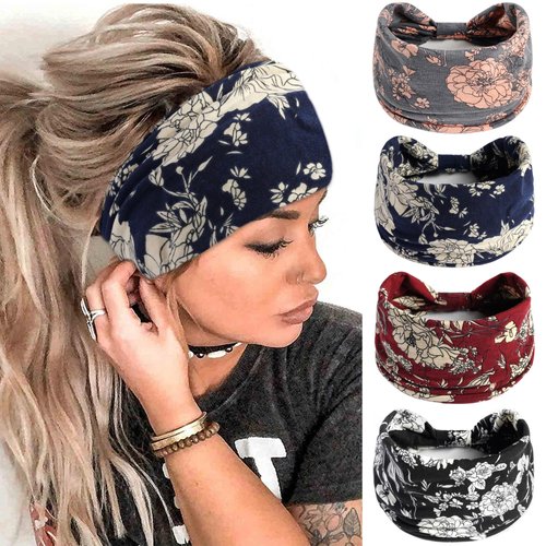 FULZTEY Boho Headbands for Women Fashion Wide Headwraps Vintage Floral Print Hairbands Soft Fabric Bandanas Non-Slip Sport Yoga Sweat Turban Knotted Head Bands for Women's Hair Accessories 4 Pack