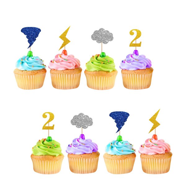 24pcs Twonado Cupcake Toppers, Tornado 2nd Birthday Cupcake Toppers, Colorful Glitter Lightning Cupcake Picks for Boys, Weather Themed 2nd Anniversary Party Supplies
