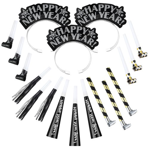 Lenwen 18 Pcs Happy New Years Eve Party Supplies 2025 Noise Makers New Year Headband Tiara Party Horn Blowers Whistles Fringed Noisemaker Novelty Favors for Adult New Years Eve Decoration(Black)