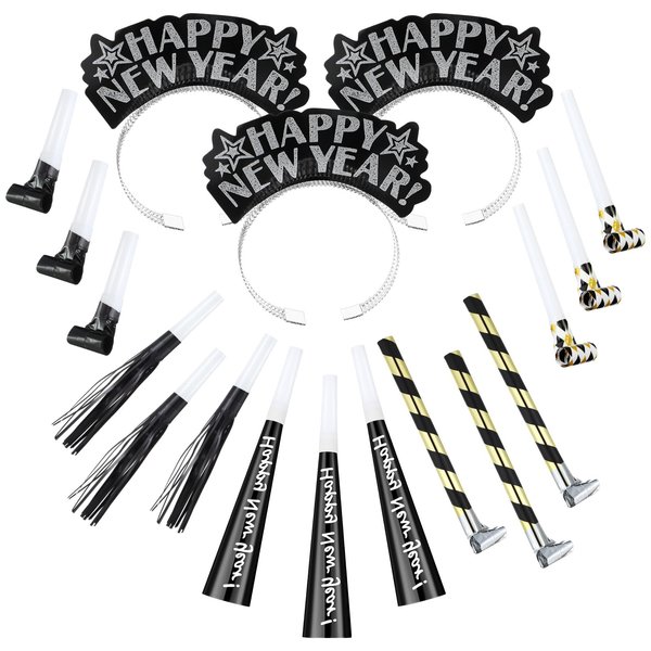 Lenwen 18 Pcs Happy New Years Eve Party Supplies 2025 Noise Makers New Year Headband Tiara Party Horn Blowers Whistles Fringed Noisemaker Novelty Favors for Adult New Years Eve Decoration(Black)