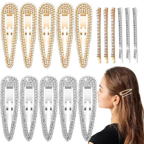 16Pcs Rhinestone Snap Hair Clips, Water Drop Crystal Snap Hair Barrettes, Glitter Shining Metal Snap Hair Clips, Glittering Hairpins Headwear Hair Accessories for Girls Women