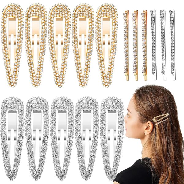 16Pcs Rhinestone Snap Hair Clips, Water Drop Crystal Snap Hair Barrettes, Glitter Shining Metal Snap Hair Clips, Glittering Hairpins Headwear Hair Accessories for Girls Women