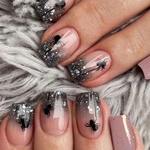 Halloween Press on Nails Short Square Fake Nails with Spider Designs Black Silver Glitter French Tips False Nails Pink Full Cover Glossy Artificial Acrylic Nails Glue on Nails for Women Girls 24Pcs