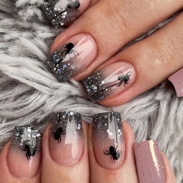 Halloween Press on Nails Short Square Fake Nails with Spider Designs Black Silver Glitter French Tips False Nails Pink Full Cover Glossy Artificial Acrylic Nails Glue on Nails for Women Girls 24Pcs