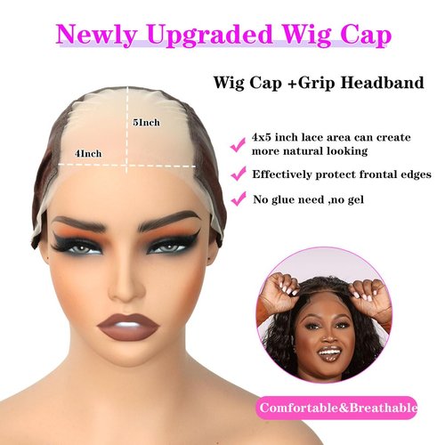 Mnador Lace Wig Grip Cap 4x5 Transparent Lace Wig Caps, Wig Grip Band For Keeping Wigs In Place, Adjustable Wig Cap with Grip Headband Non Slip Cap for Women (Brown)