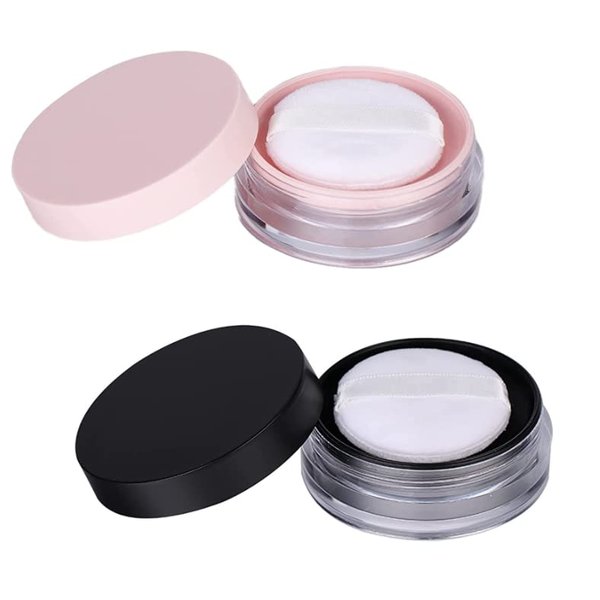 HLLMX 2 PCS Empty Loose Powder Container 10g Reusable Loose Powder Compact Case Make Compact Container DIY Makeup Powder Case with Sponge Powder PuffElasticated Net Sifter and Threaded Screw Lid(Black,Pink)
