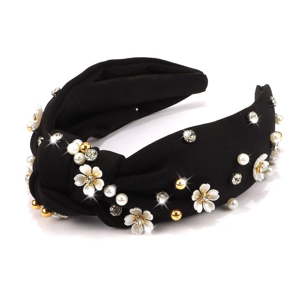 Vovii Flower Headband for Women, Rhinestone Knotted Headband for Women, Jeweled Beaded Wide Top Knot Headband Sparkly Crystal Bedazzled Embellished Head Bands for Women's Hair (Black)