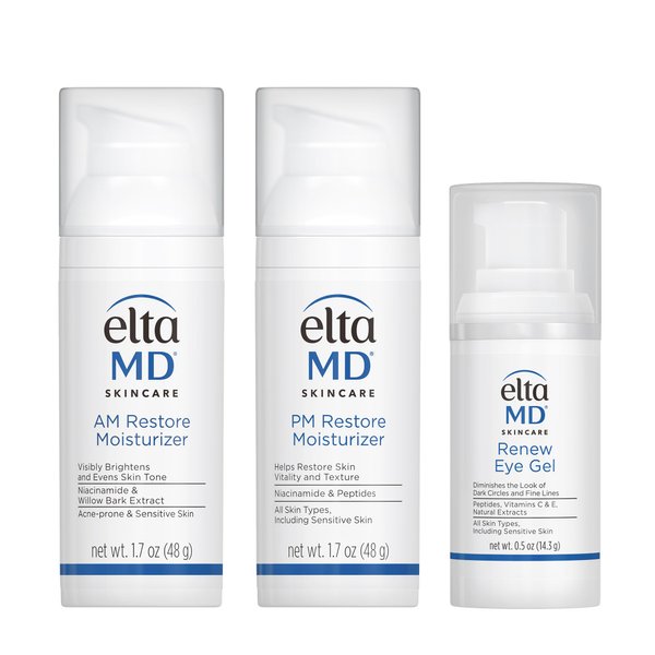 EltaMD Morning and Night Skin Care Kit, AM Restore and PM Restore Facial Moisturizers, Anti-Aging Renew Eye Gel