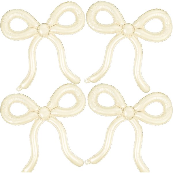 4 Pcs Bow Balloons Cream White Bow Decorations for Girls Women Bow Themed Birthday Party Supplies for Baby Shower, Gender Reveal, Wedding, Bachelorette, Bridal Shower Event Decor 26 x 24 in