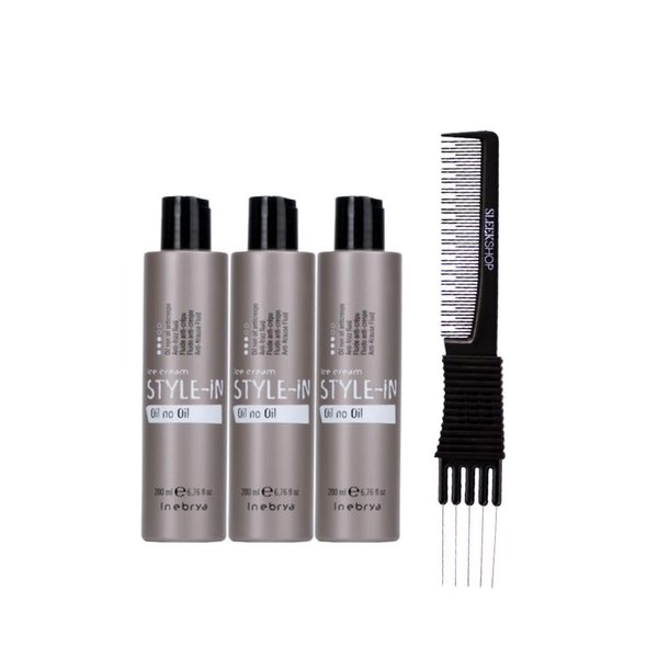 kuss Inebrya Ice Cream Style In oil No oil Anti-Frizz Fluid (6.76 oz) with Teasing Comb Pack of 3