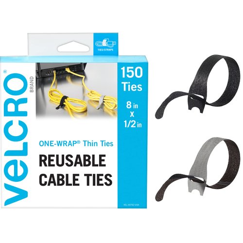VELCRO Brand 150pk Cable Ties Value Pack | Replace Zip Ties with Reusable Straps, Reduce Waste | For Wire Management and Cord Organizer | 8 x 1/2" Thin Pre-Cut Design, Black and Gray