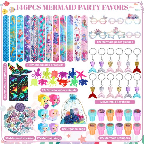 Capoda 134 Pcs Mermaid Party Favors Bulk for Girls Paper Glasses Slap Bracelets Stickers Rings Grow in Water Sea Animals Bookmarks Mermaid Goodie Bag Fillers for Mermaid Birthday Gifts Party Supplies