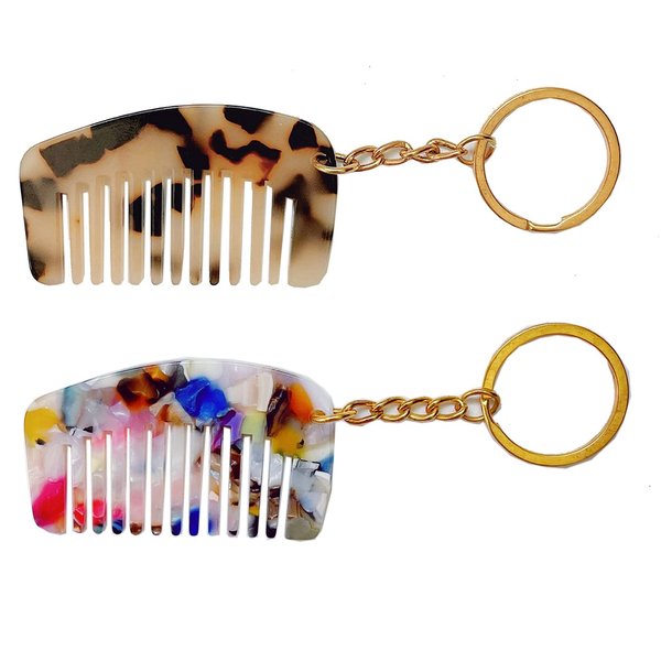 2Pcs Acetate Mini Comb Keychains Cute Fashion Pendant Anti-static Travel Portable Pocket Comb with Key Ring for Women, 2 Color