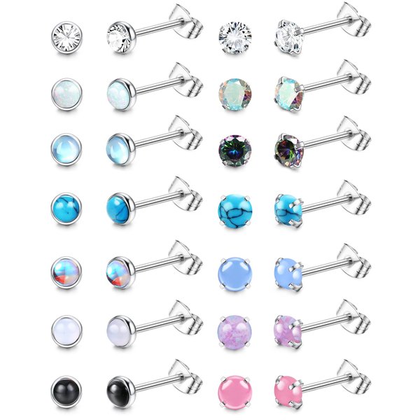 SAILIMUE 14 Pairs Hypoallergenic Surgical Steel Stud Earrings for Women Men Tiny CZ Opal Moonstone Turquoise Earrings Studs Set Piercing Jewelry