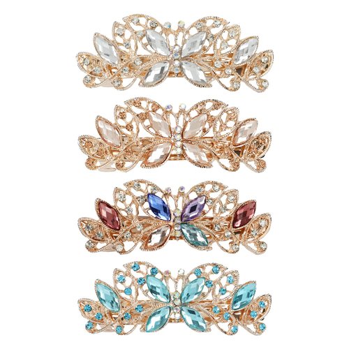 Lawie 4 Pack Luxury Butterfly Jeweled Crystal Rhinestone Glitter Sparkly Metal Hair Barrettes Snap Clips Hairpins Hairgrip Thin Thick Bun Twist Holder Hair Accessories for Women Girl