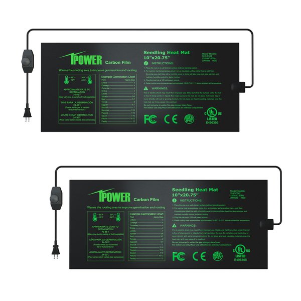 iPower 2 Pack 10" x 20.75" Seeding Heat Mat with Thermostat Temperature Adjustable Knob Durable Warm Hydroponic Plant Germination Starting Pad, 10" x 20" New Version, Black