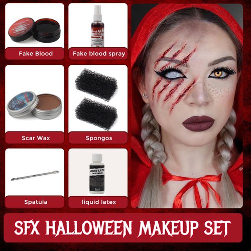 Halloween Sfx Makeup Kit, Special Effects Makeup Kit, Scar Wax with Double-Ended Spatula, Washable Fake Blood, 2 Stipple Sponge, Scab Coagulated Blood Gel, Realistic (Blood Red)