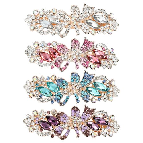 inSowni 4 Pack Luxury Glitter Sparkly Jeweled Gems Korean Decorative Crystal Rhinestone Flower Strong Metal French Barrettes Snap Alligator Hair Clips Headpieces Accessories for Women Girls