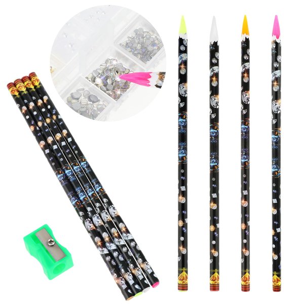 4Pcs Self Adhesive Resin Rhinestones Picker Pencil, Mabor Nail Point Diamond Drill Pen with Pencil Sharpener Gem Pick up Tools for Girls Women Nail DIY Decoration