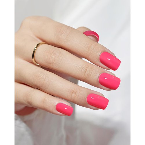 24 Pcs Short Square Press On Nails with Jelly Glue,Reusable Soft Gel Fake Nails Kit for Women and Girls with Feature Protective UV Coating DIY,Hot Pink Nails Press Ons